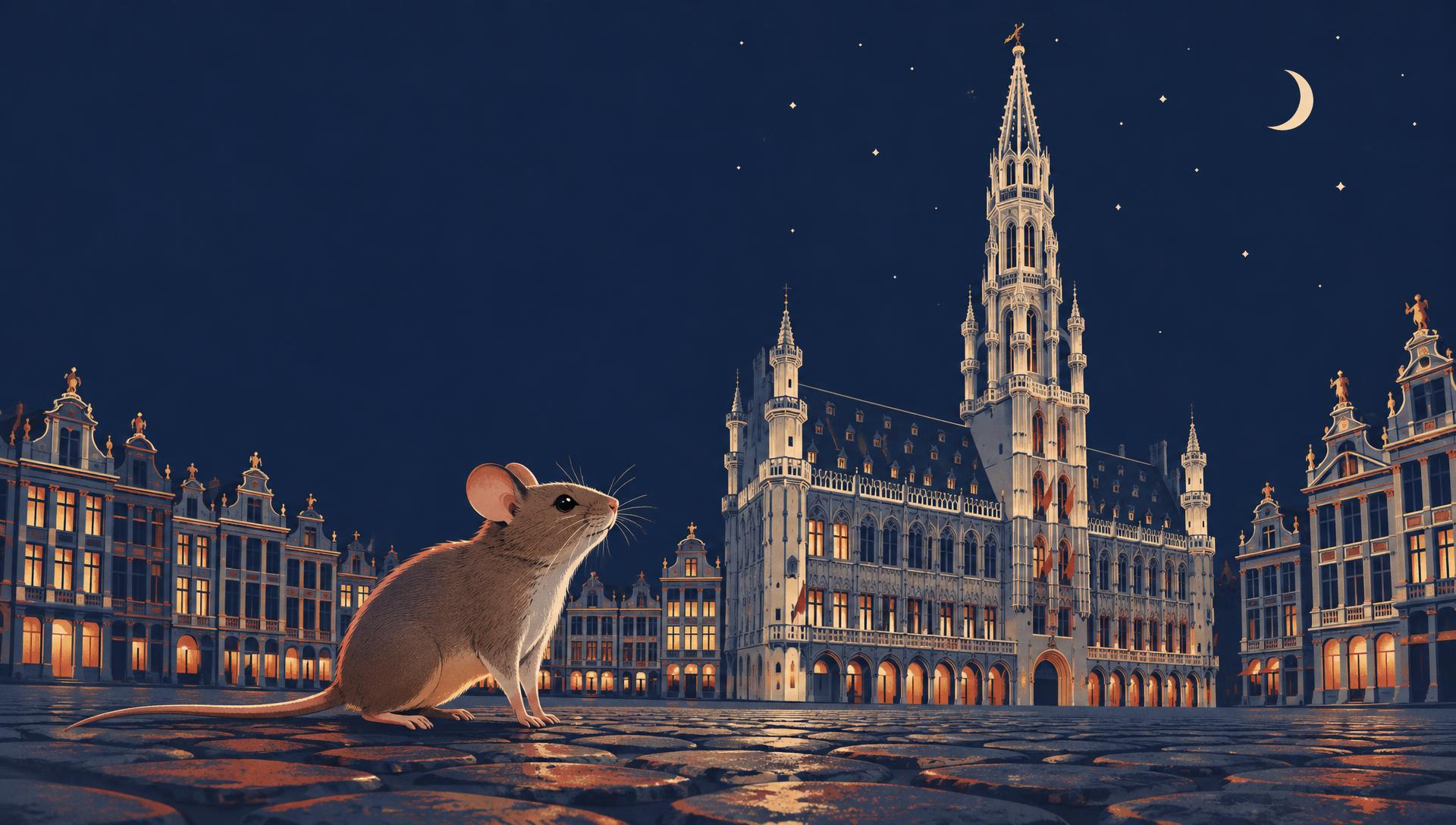 Illustration : une souris au premier plan sur la Grand-Place de Bruxelles, la nuit, sous l'hôtel de ville